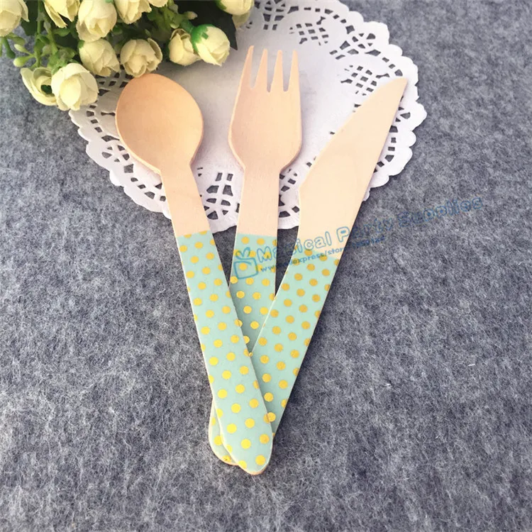 Ложки мятно-зеленые в горошек 36 шт. вилки розовый нож деревянная посуда с ручной