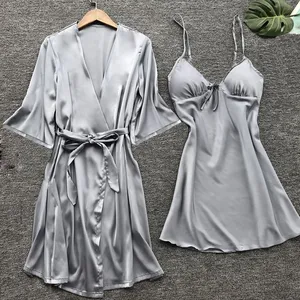 Fashion Women Sexy Lingerie Nightgown Casual Ladies Sleepwear Nightdress Ladies  Stain Lace Silk Robe Sleepwear Set Dropship *50