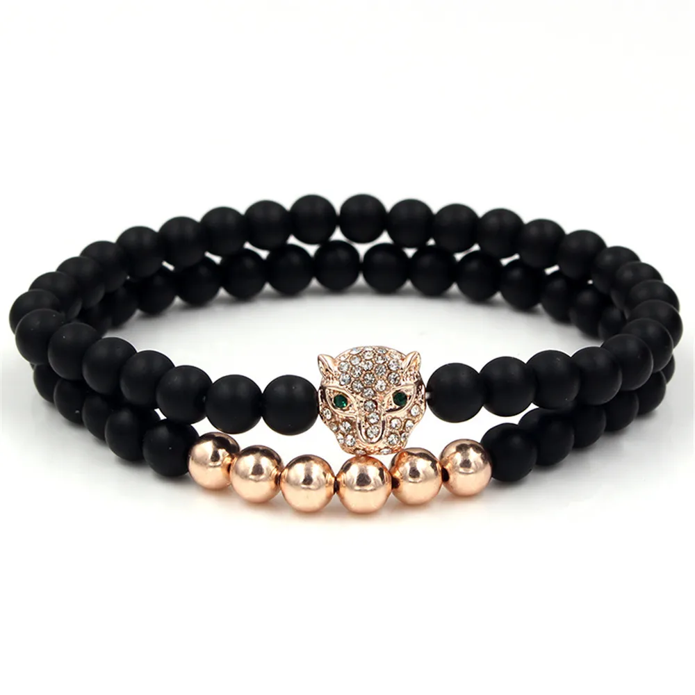 

2 Pieces 6mm Black Matte Copper Bead Bracelet With Micro Zircon Green Eye Leopard Head Bracelet Set Boyfriend Gift
