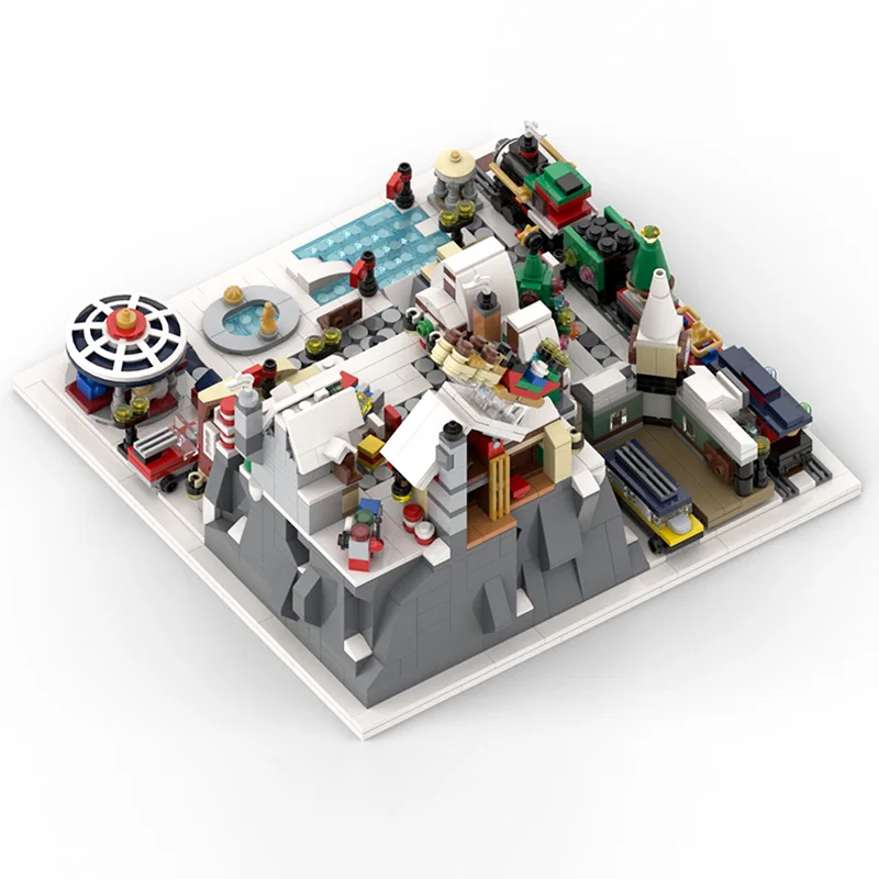 

City Street View Series Christmas Winter Village Wonderland With Train Model Scene Architecture Building Blocks Bricks Toys