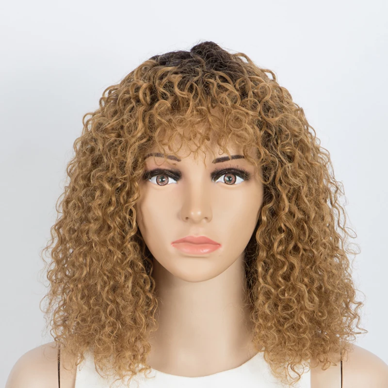 

Парик из кудрявых человеческих волос с челкой для женщин, волнистый кудрявый парик для черных женщин, плотность 150%, парики машинной работы, ...