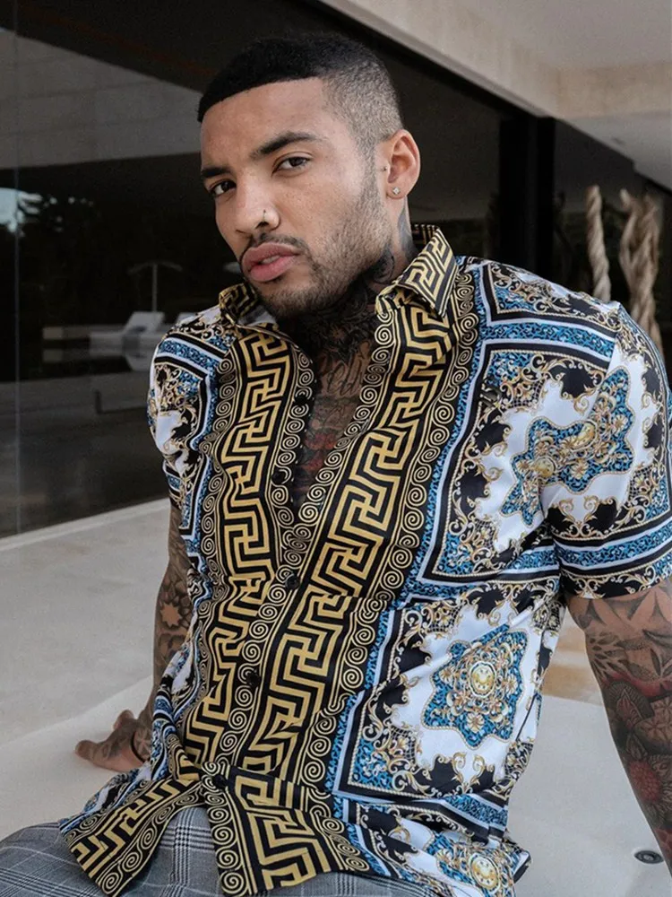 Hot Sale2021Summer New Men Clothing European American Retro Trend Shirt Casual Fashion Printed Cardigan Men's Short Sleeve Shirt