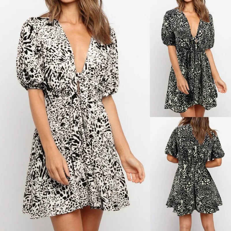 

2021 New European And American Summer Sexy Black And White Print V-neck Bandage Short Sleeve Dress