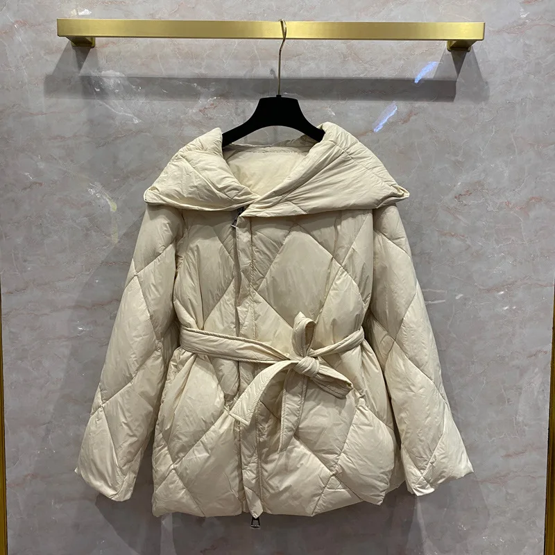 

Luxury Side Zipper Solid Down Jacket for Women Top Quality White Duck Down Liner Belt Slim Hooded Bread Jackets Lady Winter 2021