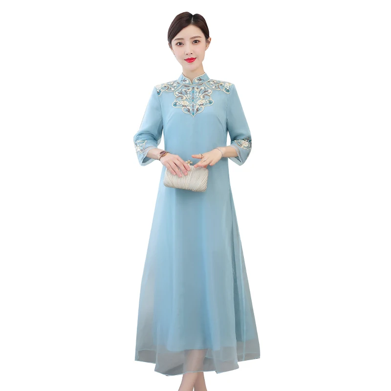

COIGARSAM 4XL Plus Size National Wind Embroidery Women dress New Cheongsam Vintage Dresses White Blue 8454