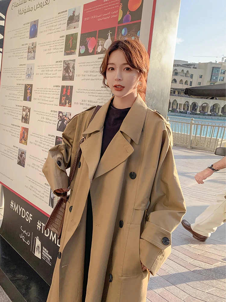 

Khaki windbreaker women's medium length knee length ins British style 2021 spring new Korean loose lace up coat