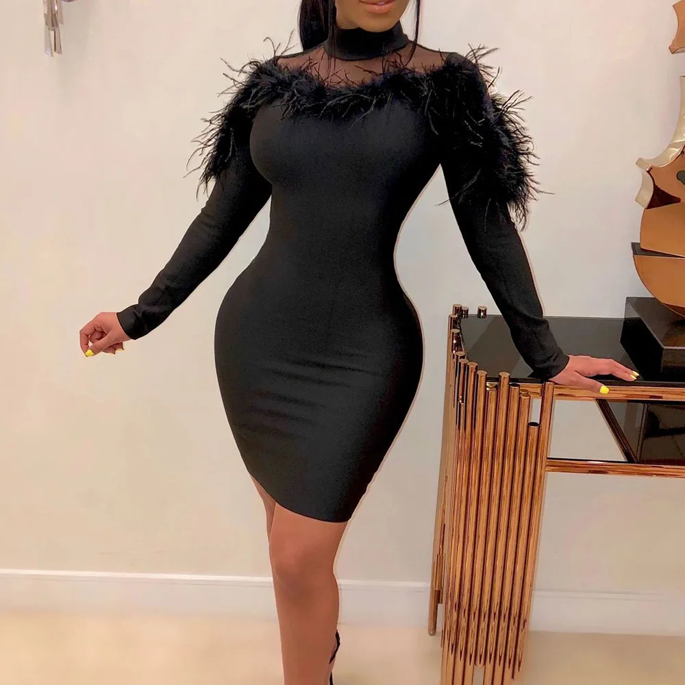 Черное длинное платье с перьями женское сексуальное Сетчатое длинным рукавом