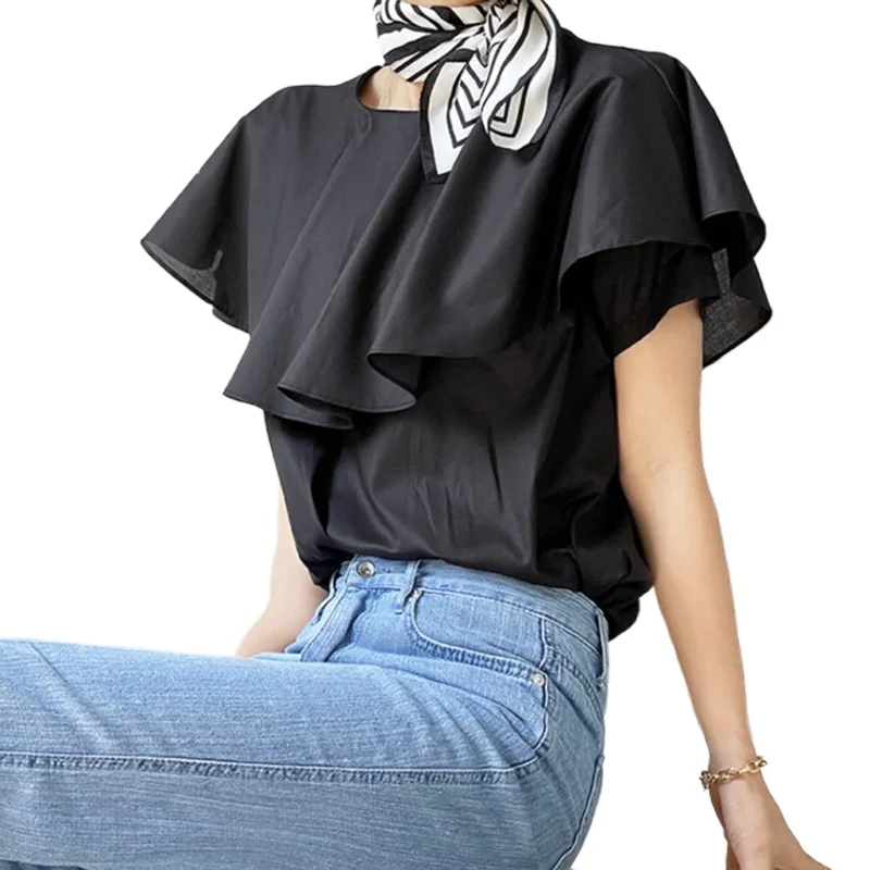 

Элегантные женские рубашки с оборками, новинка, Летние шифоновые однотонные блестящие свободные топы с вышивкой и рукавами-фонариками, жен...