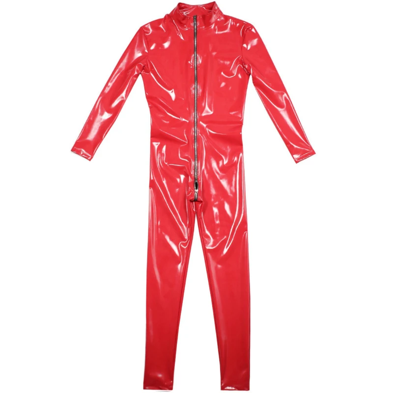 Sexy Women Latex Catsuit Latex Rubber Bodysuit Crotch Front Zipper Overalls Faux Leather Jumpsuit Stage Clothing Fashion