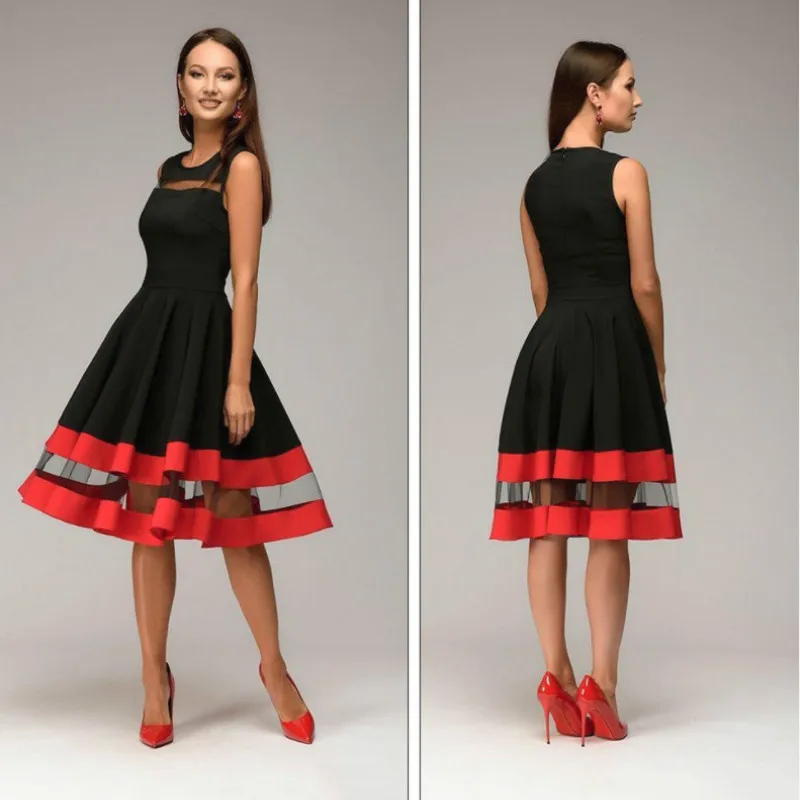 

Summer Women Stitching Contrast Color Knee Length Dress Sexy O-neck Elegant Ladies Mesh Dresses 2020 Womens Office Lady Clothing