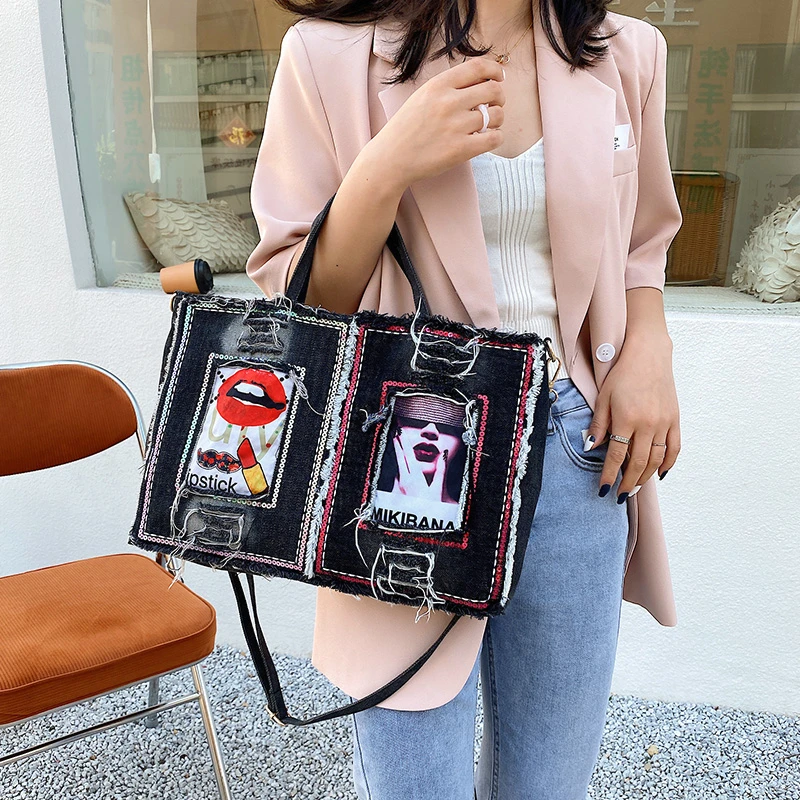 

Women's Summer Bag 2021 New Trend Luxury Designer Handbag Large Casual Denim Female Shopper Bag Hip Hop Cute Shoulder Bag Woman