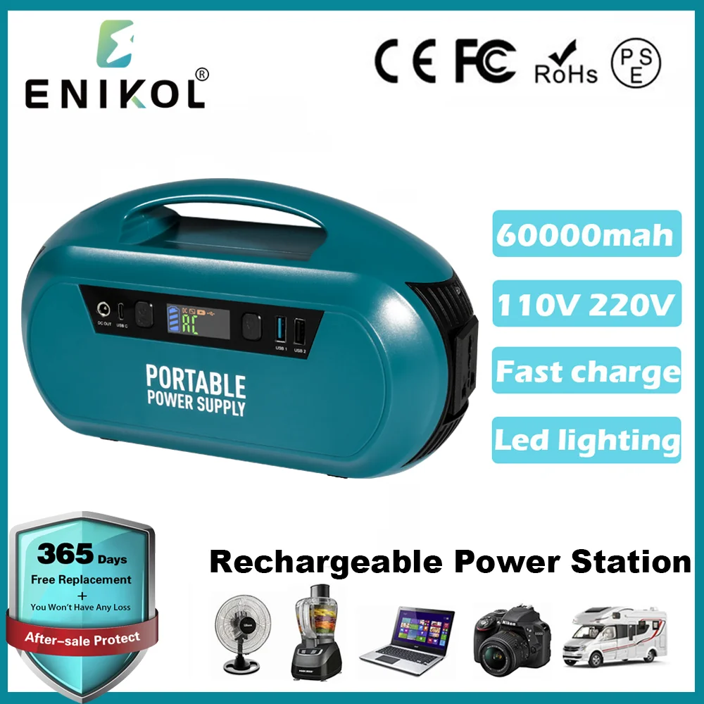 

ENIKOL Portable Power Station Pure Sine Wave Outdoor Solar Generator 60000mAh Rechargeable Emergency Power Supply for RV Camping