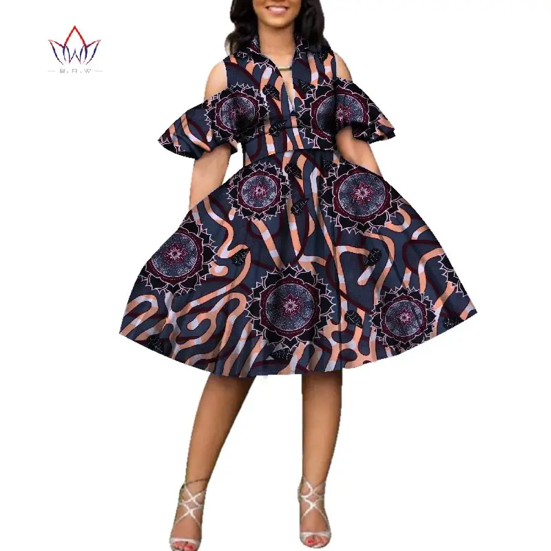 Женское платье с юбкой-пачкой Хлопковое Африканским принтом V-образным вырезом