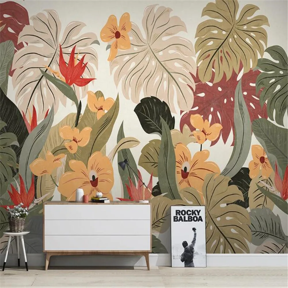 

Настенные 3D-обои Milofi на заказ, скандинавский фон с тропическими растениями, банановыми листьями, Ретро ТВ