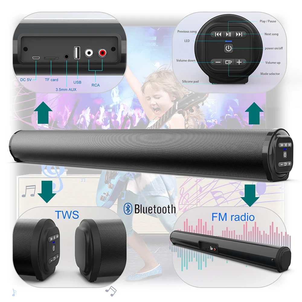 20W TV Sound Bar Subwoofer Music Player Wired and Wireless Bluetooth Home Surround SoundBar for PC Theater Speaker BS10 | Электроника