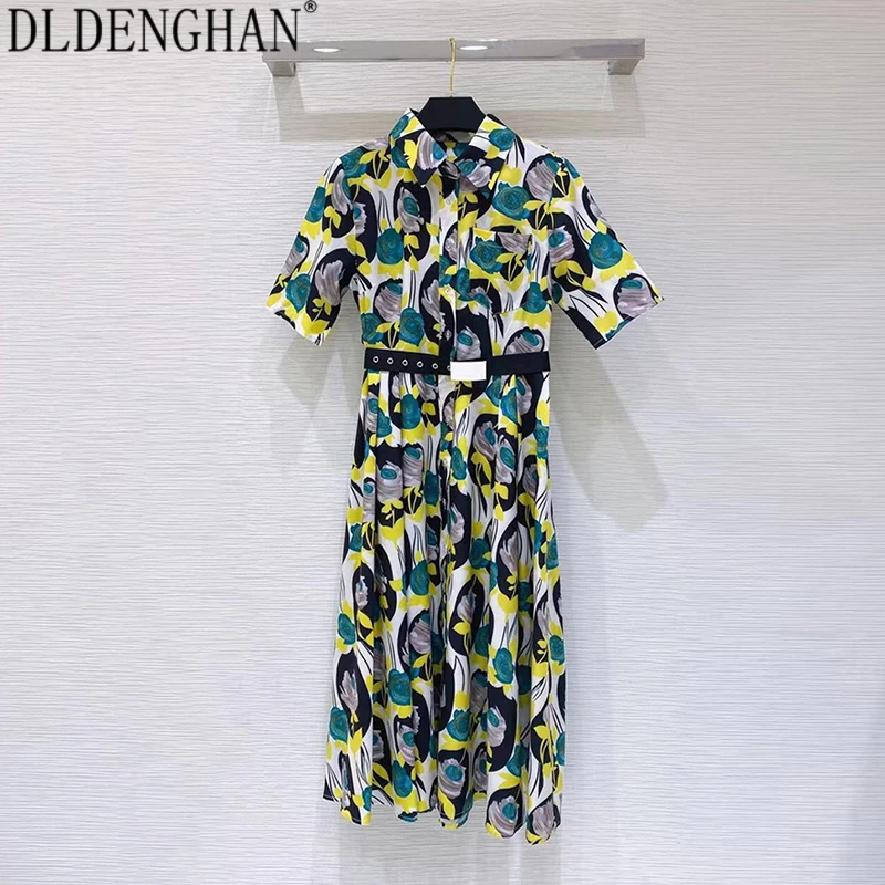 

DLDENGHAN Designer Bohemian Flower Print Dress Women's Belt Turn-Down Collar Short Sleeve Elegant High Waist Dresses Summer New