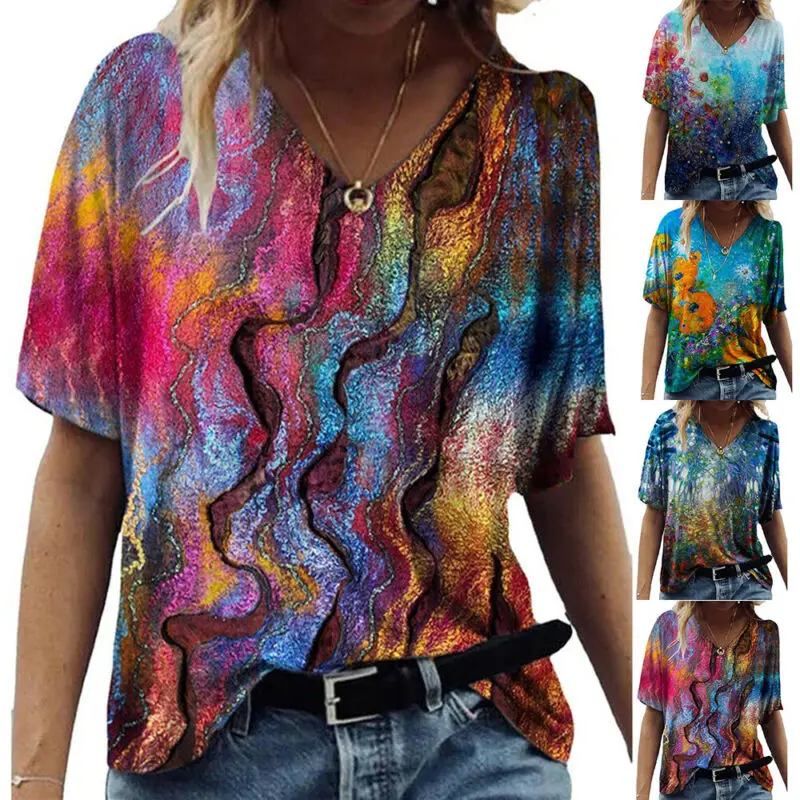 

VICABO Women Tshirts Female Ropa Mujer Casual V-Neck Loose Floral Pattern Summer T-shirts Short Sleeve Shirt for Women