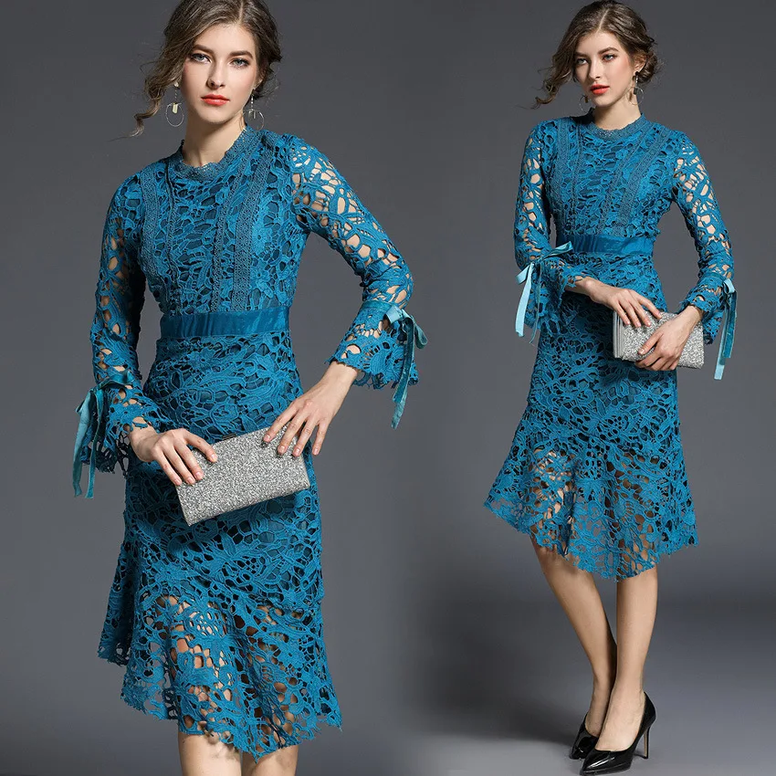 BacklakeGirls Ever Pretty Lake Blue Scoop Neck Full Sleeve Knee Length Hollow Out Lace Cocktail Dress Suknie Wizytowe Plus Size | Свадьбы и