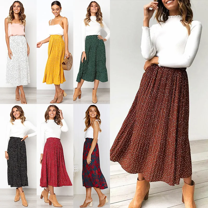 

Fashion Polka Dot Long Skirts Pleated Elastic Waist Women Long Summer Pockets Casual Skirts A-line New 2020 Female Skirt