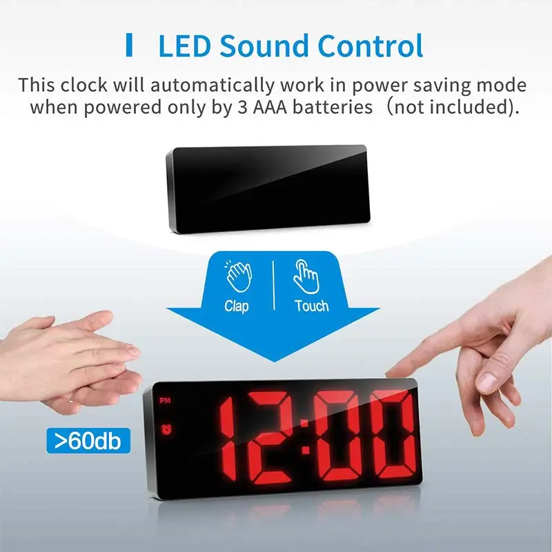 Large Digital Desk Clock LED Mirror Screen Alarm Voice Control Snooze Electronic Watch Table Decor | Дом и сад