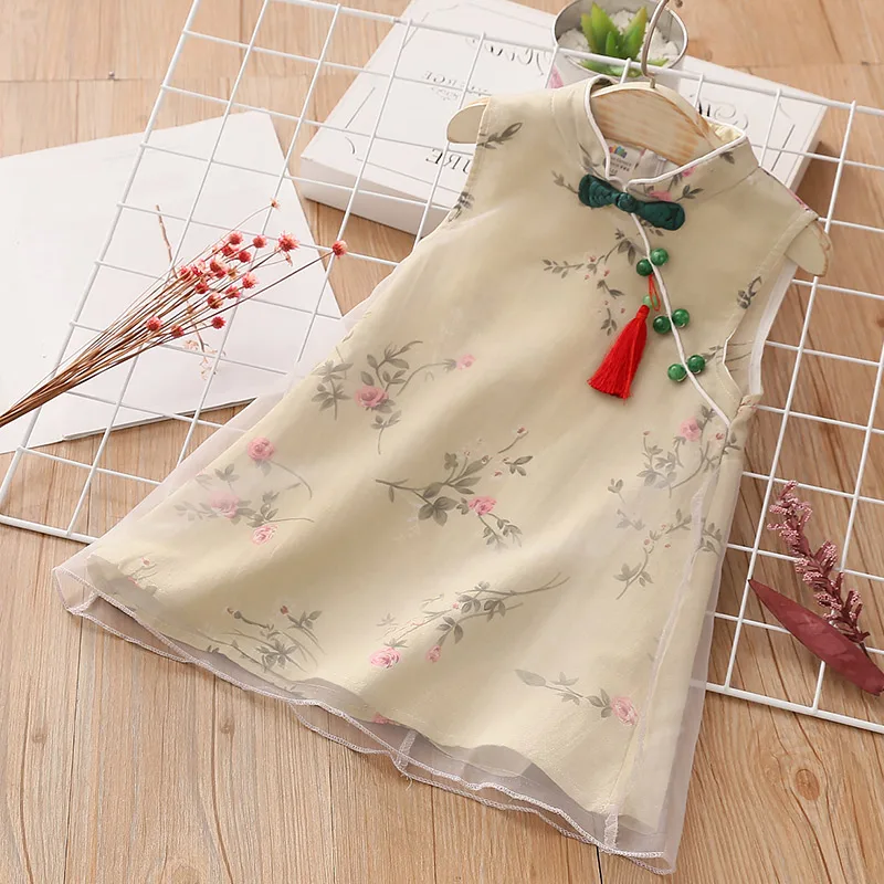 

2020 Summer 2-12 Years Chinese Sleeveless Cheongsam Crew Neck Tassel Princess Chiffon Kids Girls Dresses For Party And Wedding