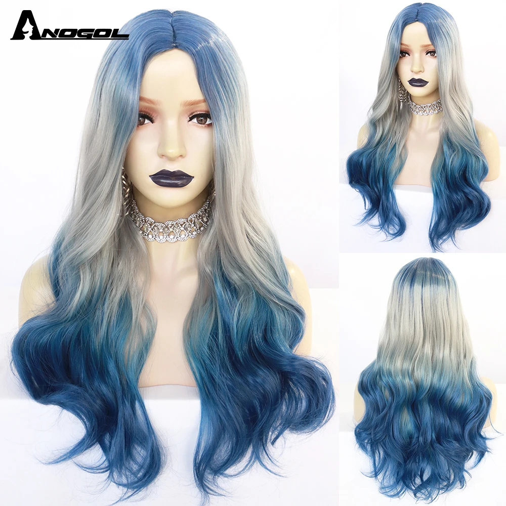 

Anogol Long Ombre Colorful Synthetic Wig Middle Part Natural Wavy Wigs Blue With Grey Daily Wigs