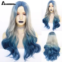 anogol long ombre colorful synthetic wig middle part natural wavy wigs blue with grey daily wigs