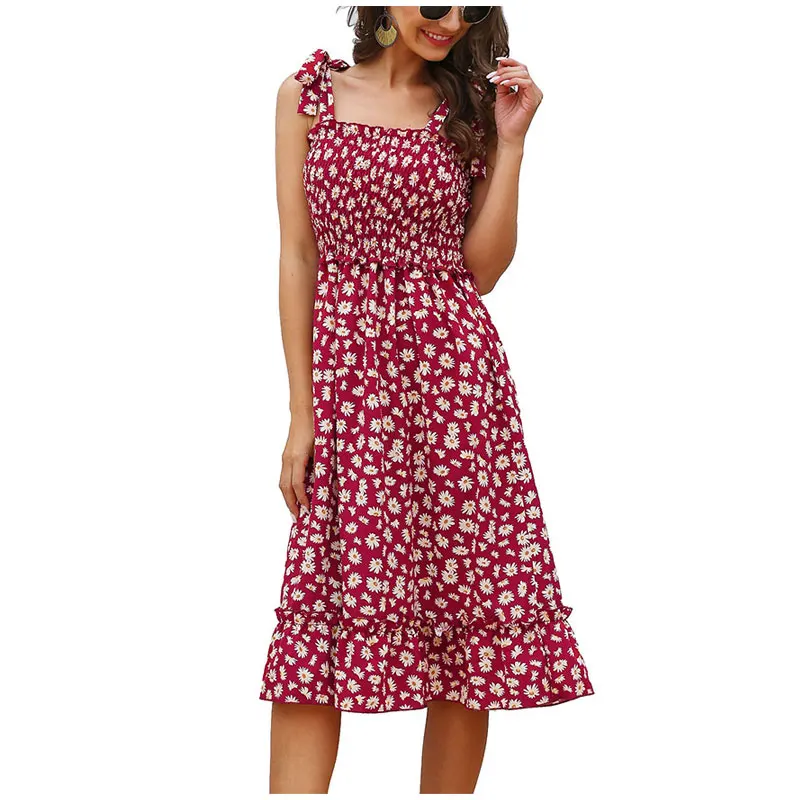 

Summer Midi dress Women's Sling Floral Boho Beach Dress Romantic Floral Print Ruffled Sling Dress Sexy Sleeveless Party Dresses