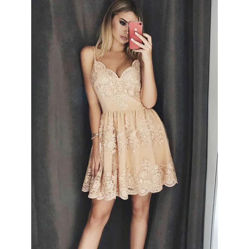 Кружевные платья для встречи выпускников на бретелях-спагетти Короткое