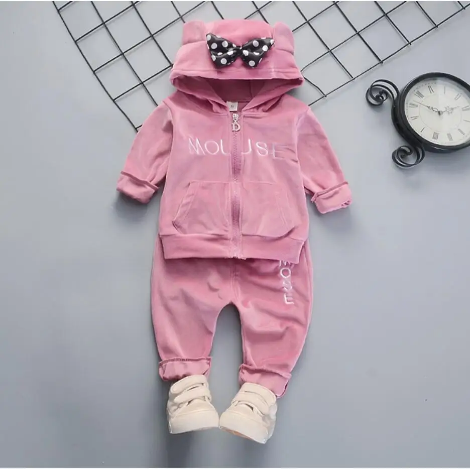 pink thin Зимняя одежда для маленьких девочек, комплекты с рисунком мышки Минни Повседневное с буквенным рисунком и бантами с капюшоном бархатная Детские спортивные костюмы одежда Для детей 1, 2, 3, 4 лет - Цвет: pink thin