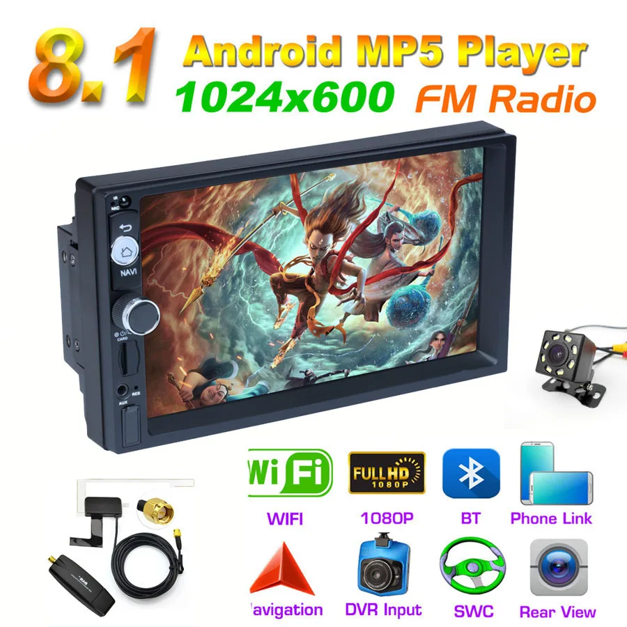 Автомобильный MP5 плеер 2DIN 7 дюймов Android 8 1 1080P четырехъядерный Wi Fi телефонный
