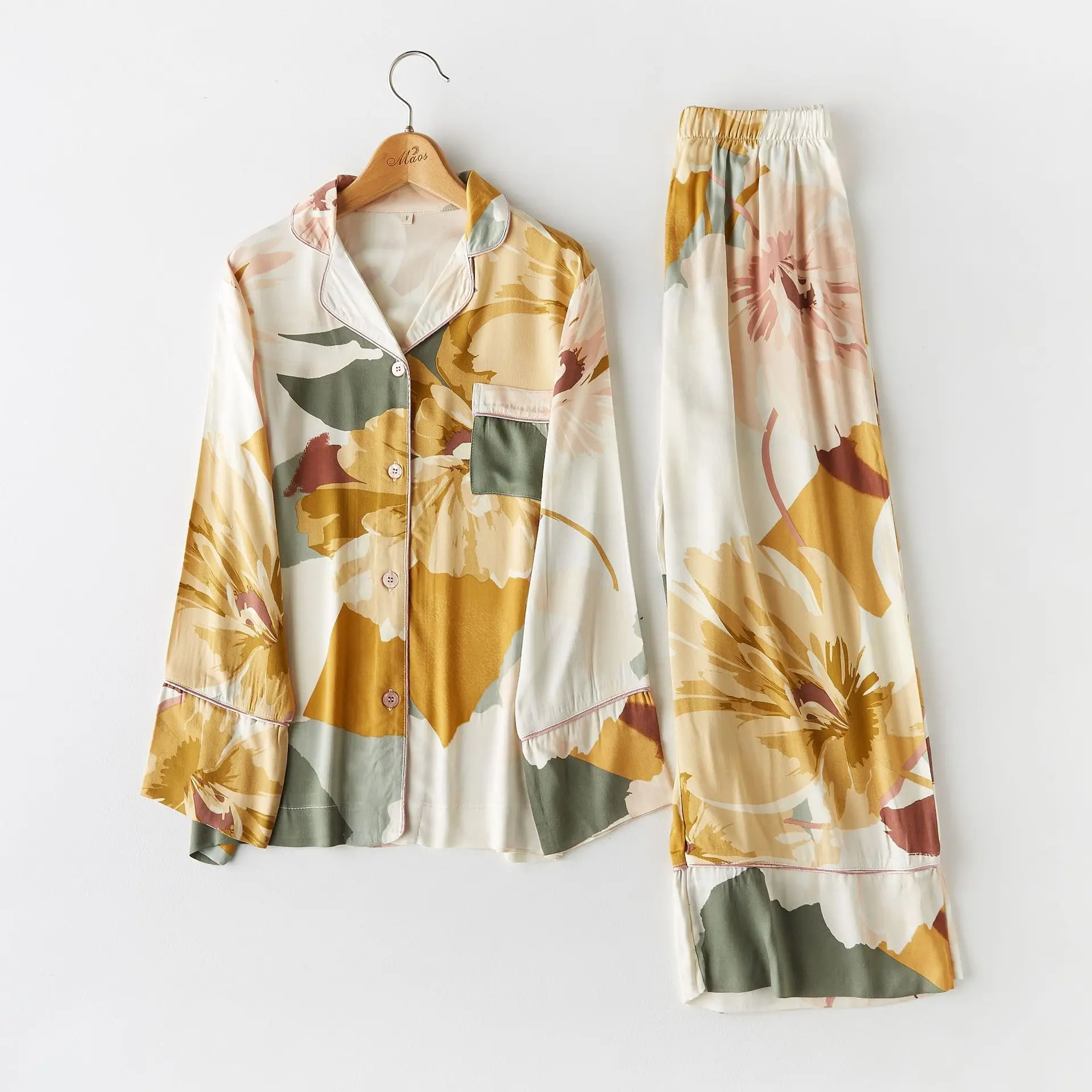 Летняя и осенняя Женская Хлопковая пижама с длинным рукавом цветочным принтом