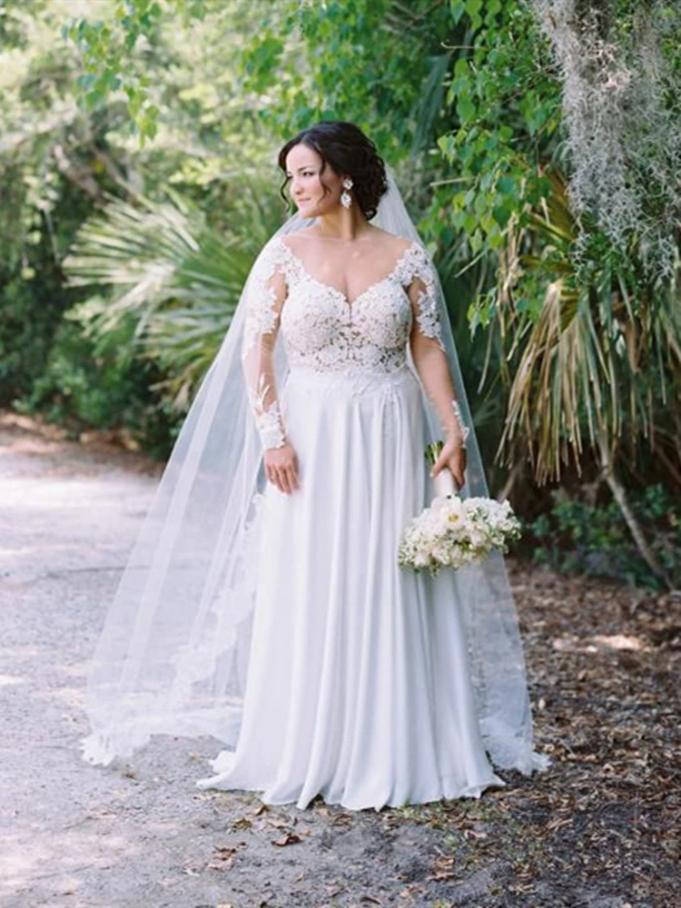 

Lace Chiffon Wedding Dress Plus Size Robe de mariee Sheer Neck Backless Transparent Long Sleeve Floor Length Wedding Gowns Bride