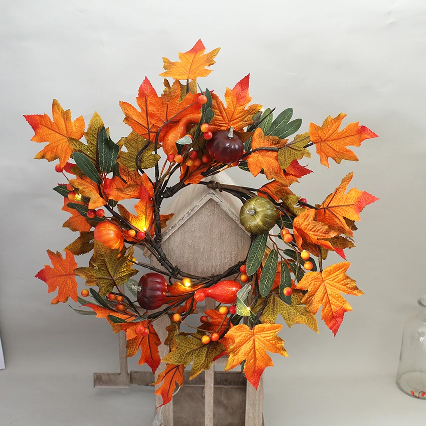 

10 Led Lighted Fall Front door wreath and Harvest pumpkins Autumn Table Mantel Home Decoration Thanksgiving Halloween Decor
