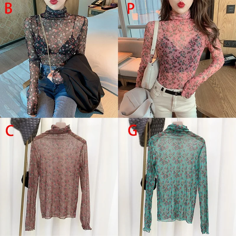 

Women Mesh T-Shirts See-Through Perspective Tee Top Long Sleeve Floral Print T Shirt Tops New Arrival