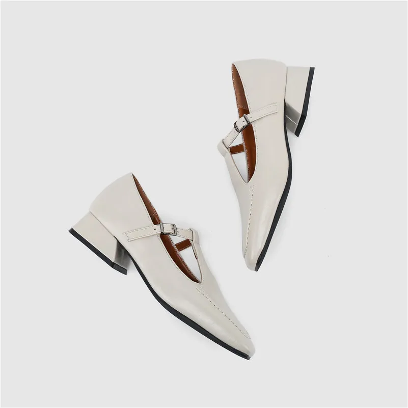 

Meotina Women Pumps Mid Heel T-Strap Shoes Square Toe Dress Shoes Female Chunky Heels Buckle Strap Footwear Beige Spring 42 43