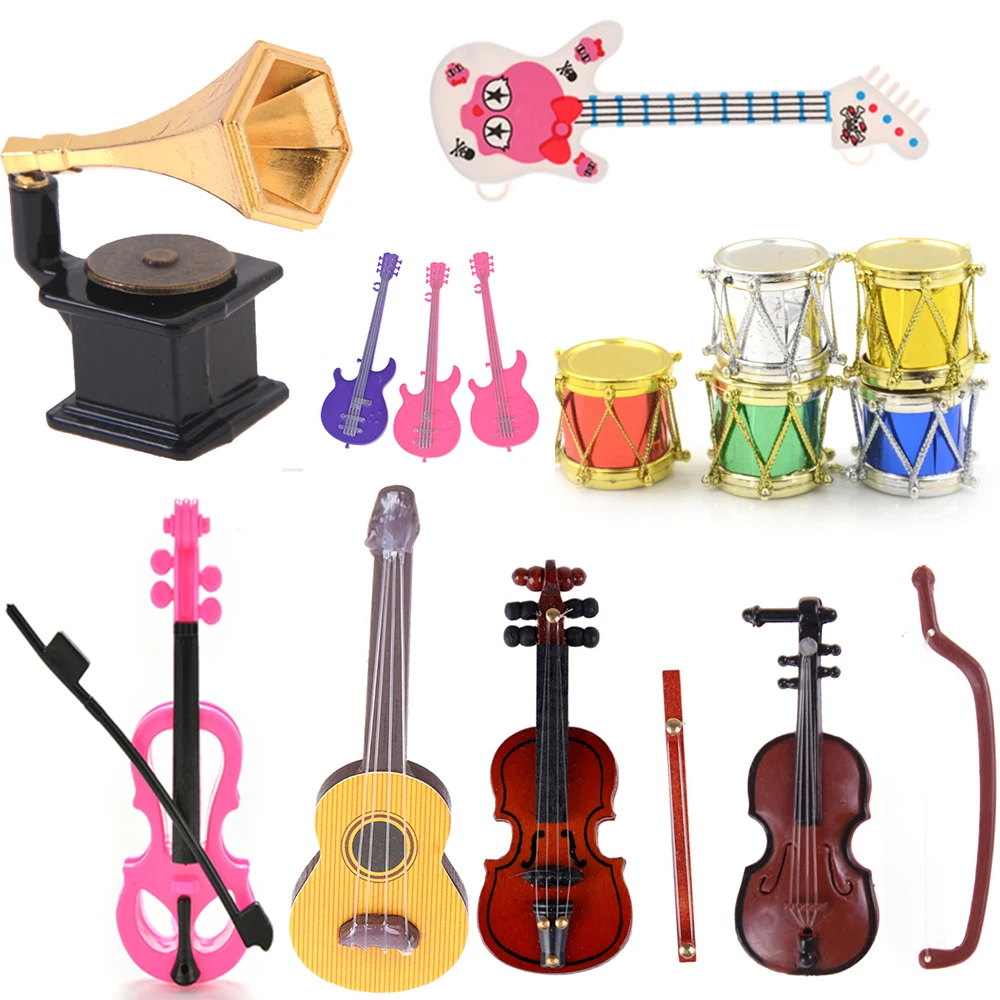 

Microphone Phonograph Guitar Violin Trumpet Saxophone Drum Doll Musical Instrument for Dolls Music House Bar Doll Accessories