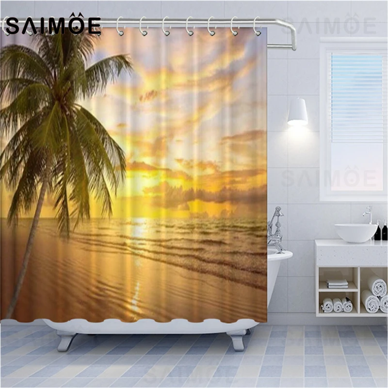 

Штора для душа ATOMAX с природным ландшафтом, занавеска для ванны, пляжа, пальмы, закат, сумерки, занавес s с крючками