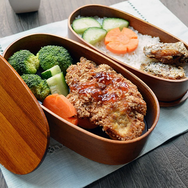 Двухслойные деревянные коробки Bento в японском стиле ручной работы пищевые
