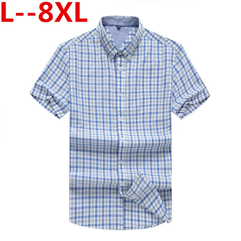 

Большие размеры 8XL 6XL 5XL 100% хлопок, рубашки с коротким рукавом на пуговицах, с воротником, в клетку, в полоску, облегающие мужские повседневные...