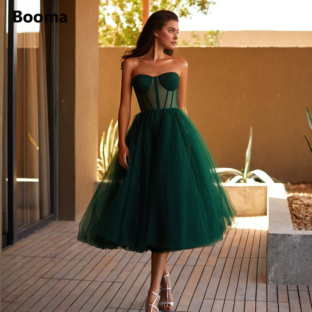 

Booma Simple Green Tulle Midi Prom Dresses Sweetheart Boning Illusion A-Line Prom Gowns Pleated Tea-Length Wedding Party Dresses