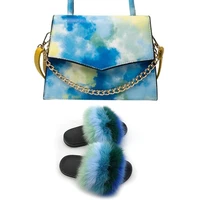 women shoes sunmmer extra fluffy luxury sandals real fox fur slides and jelly purses sets furry snug slippers with bag to match