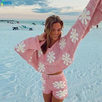 casual pink two piece set knitted women jumper tracksuit 2021 long sleeve floral print sweater tops and shorts fashion lounge