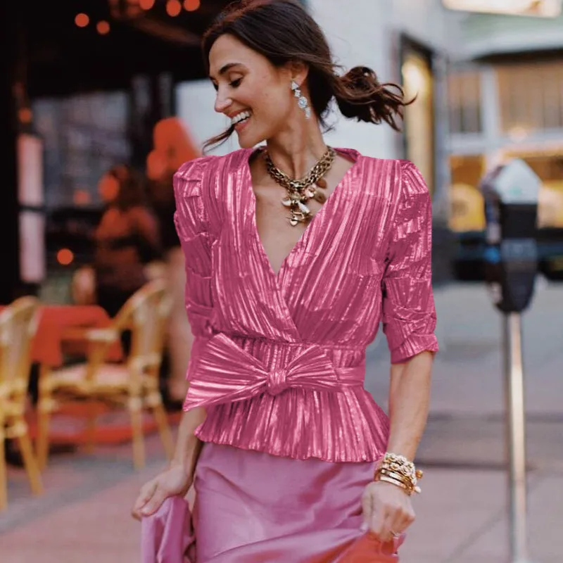 Элегантная блестящая блузка с v образным вырезом рубашки объемным бантом в