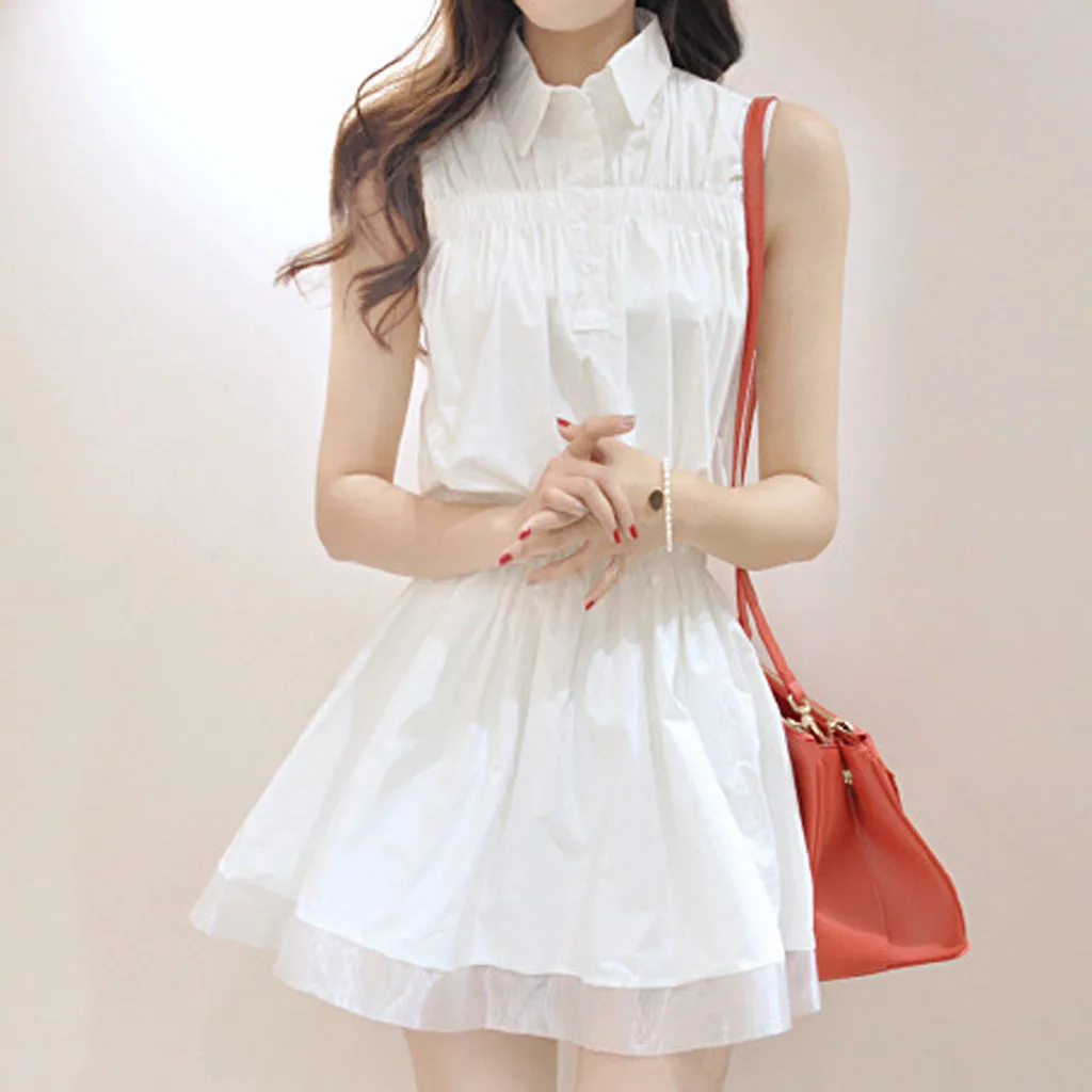 Модное женское платье повседневное белое с отложным воротником без рукавов