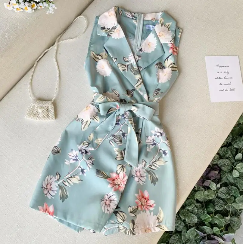 

Women Beach Floral Print Rompers Female 2020 Summer Short Jumpsuit Sleeveless Overalls Elegant Office Work Playsuit