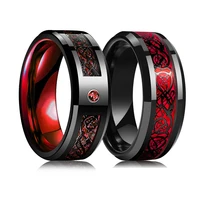fashion mens 8mm black tungsten wedding celtic dragon ring inlaid red zircon punk stainless steel red carbon fibre ring for men
