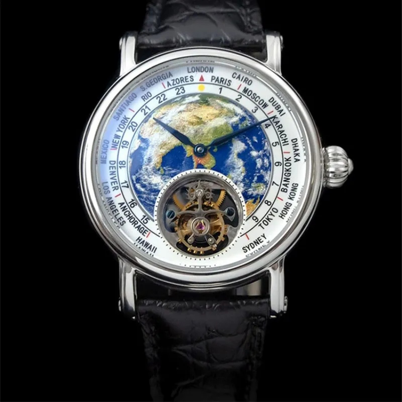 Top Brand Luxury Men Tourbillon Watches Male Sapphire Clock 3D Earth Enamel Dial ST8000 Mens Mechanical Watch Crocodile Leather - Цвет: Silver