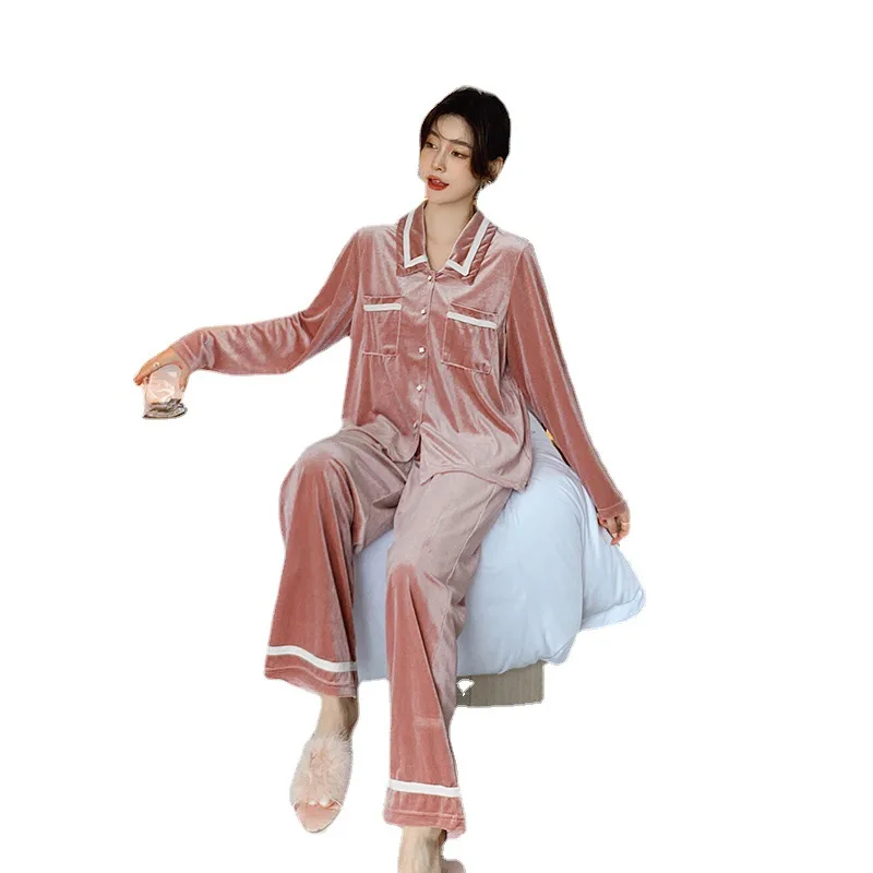 Gold Velvet Pajamas Sets for Women Autumn and Winter Hot Sale Plush Homewear Sleepwear Women's Trouser Pajamas Home Suit пижама