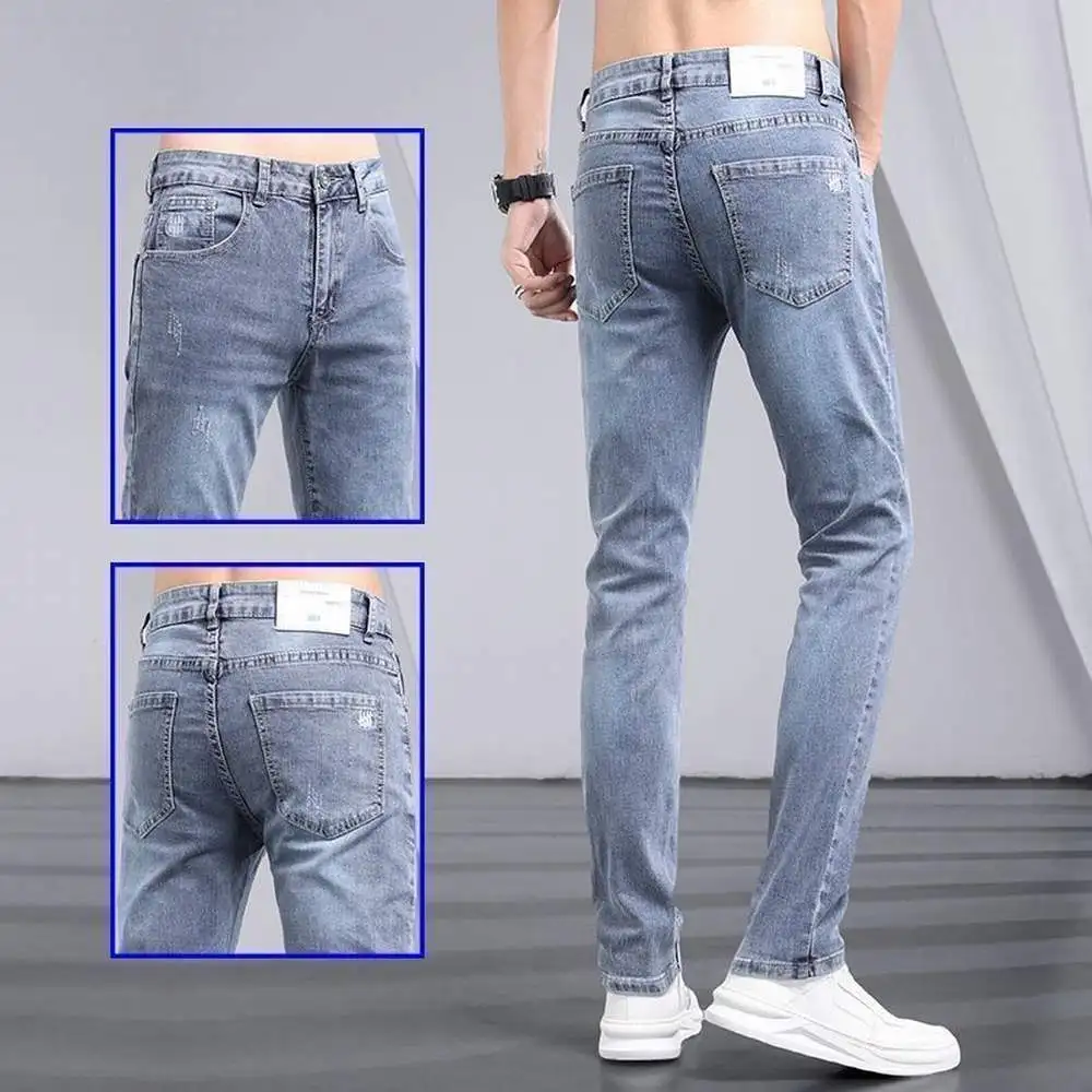 Distressed Destroy Hole Light Blue Elastic Men Jeans Lightweight Slim Fit Denim Pencil Pants Jogger Korean Style Brand Trousers